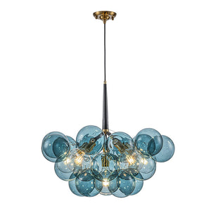 Farmhouze Light - 6 - Light DimmableCluster Glass Globe Blue Bubble Chandelier - Chandelier - Black + Brass - 