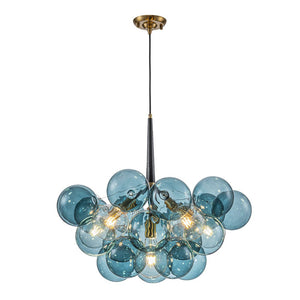 Farmhouze Light - 6 - Light DimmableCluster Glass Globe Blue Bubble Chandelier - Chandelier - Black + Brass - 