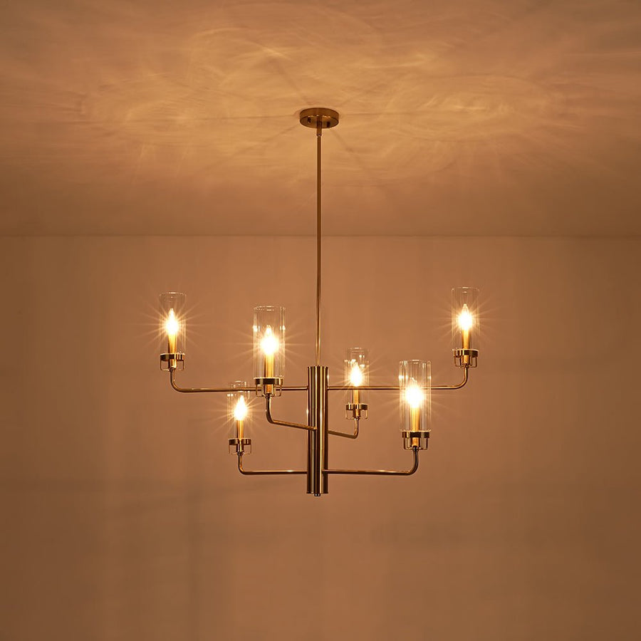 Farmhouze Light - Brass 6 - Light Fluted Glass Shade Candle Style Tiered Chandelier - Chandelier - Brass - 