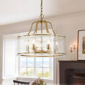 Farmhouze Light-Brass 6-Light Textured Glass Drum Lantern Pendant-Chandelier-Brass-