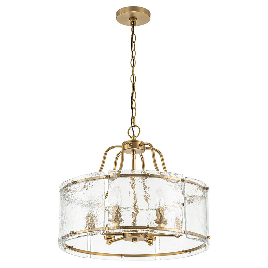 Farmhouze Light-Brass 6-Light Textured Glass Drum Lantern Pendant-Chandelier-Brass-