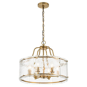 Farmhouze Light-Brass 6-Light Textured Glass Drum Lantern Pendant-Chandelier-Brass-