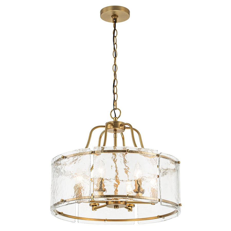 Farmhouze Light-Brass 6-Light Textured Glass Drum Lantern Pendant-Chandelier-Brass-