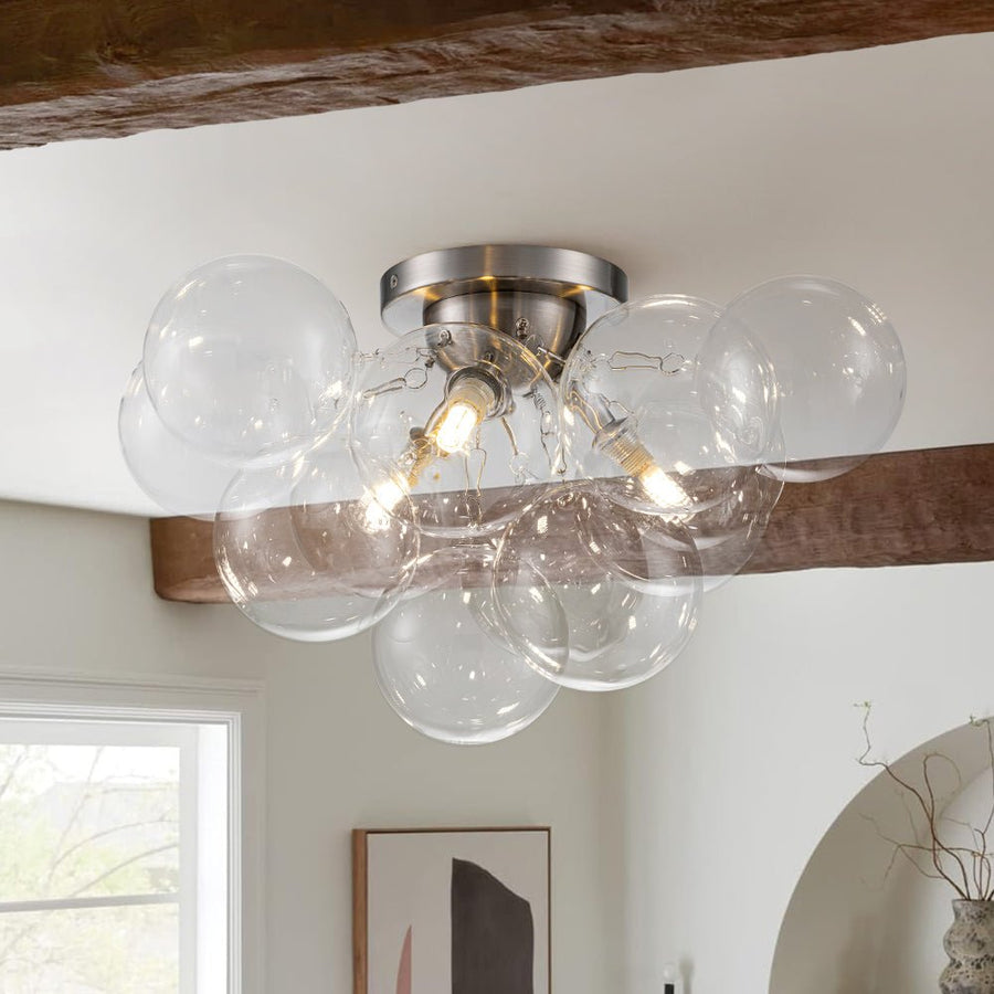 Farmhouze Light - Brass Glass Globe Cluster Bubble Semi - Flush Mount - Ceiling Light - Nickel - 