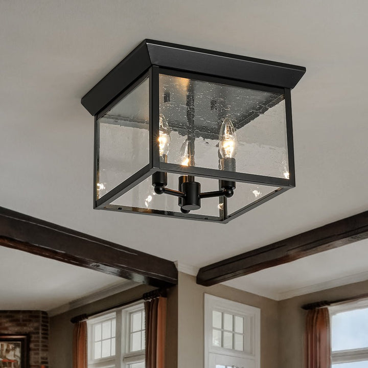 Farmhouze Light - Candle Style Seeded Glass Black Square Lantern Flush Mount - Ceiling Light - 9.8 in - 