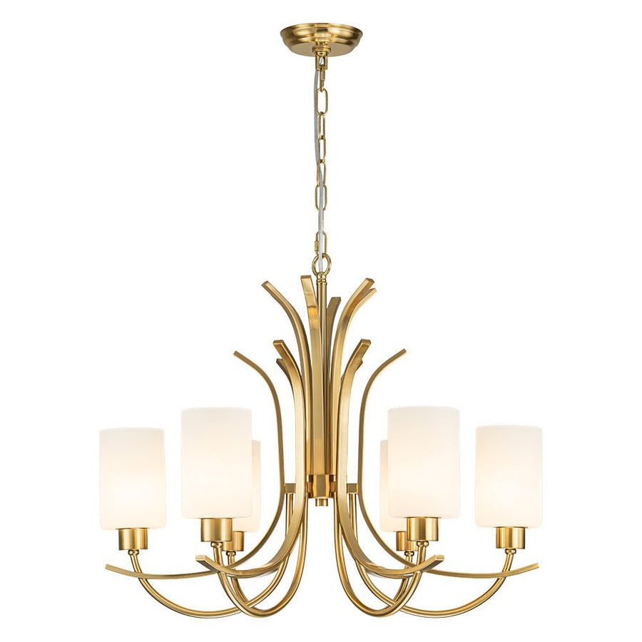 Farmhouze Light-Classic Opal Glass Cylinder Brass Curved Arm 6-Light Chandelier-Chandelier-6-Light-