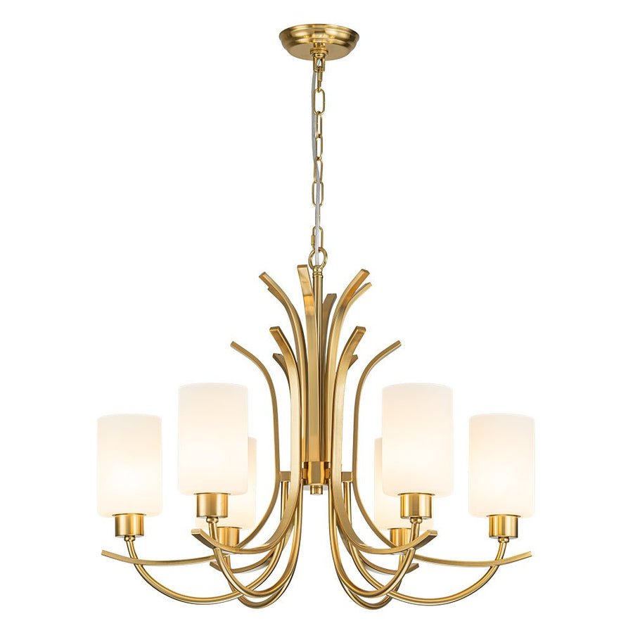 Farmhouze Light-Classic Opal Glass Cylinder Brass Curved Arm 6-Light Chandelier-Chandelier-6-Light-