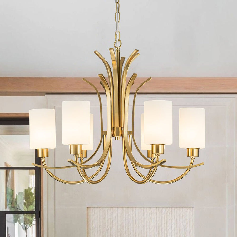 Farmhouze Light-Classic Opal Glass Cylinder Brass Curved Arm 6-Light Chandelier-Chandelier-6-Light-