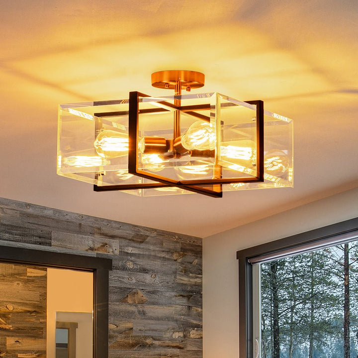 Farmhouze Light - Contemporary 4 - Light Clear Glass Square Cage Ceiling Light - Ceiling Light - 4 - Light - 