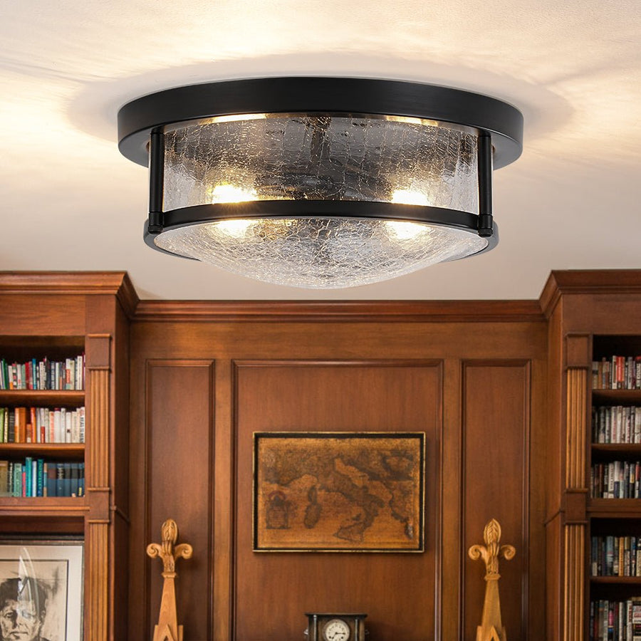 Farmhouze Light - Farmhouse Clear Crackle Glass Round Flush Mount Ceiling Light - Ceiling Light - Black - 
