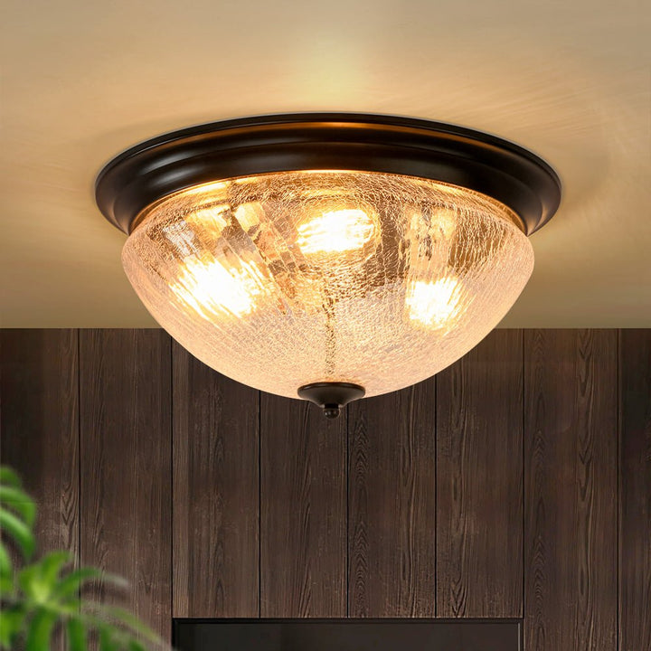 Farmhouze Light - Farmhouse Cracked Textured Glass Round Flush Mount Light - Ceiling Light - Black - 