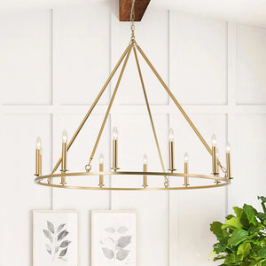 Farmhouze Light-Farmhouse Large 12-Light Candle Wagon Wheel Chandelier-Chandelier-Brass-