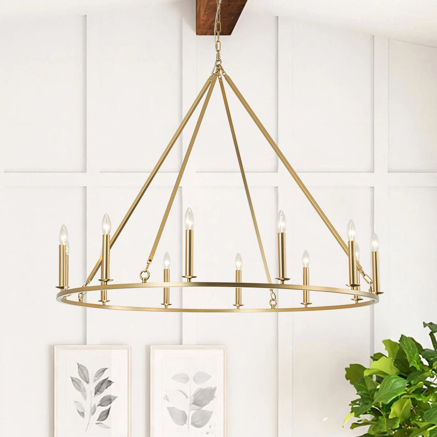 Farmhouze Light-Farmhouse Large 12-Light Candle Wagon Wheel Chandelier-Chandelier-Brass-