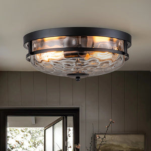 Farmhouze Light - Farmhouse Round Hammered Glass Flush Mount - Ceiling Light - Black - 