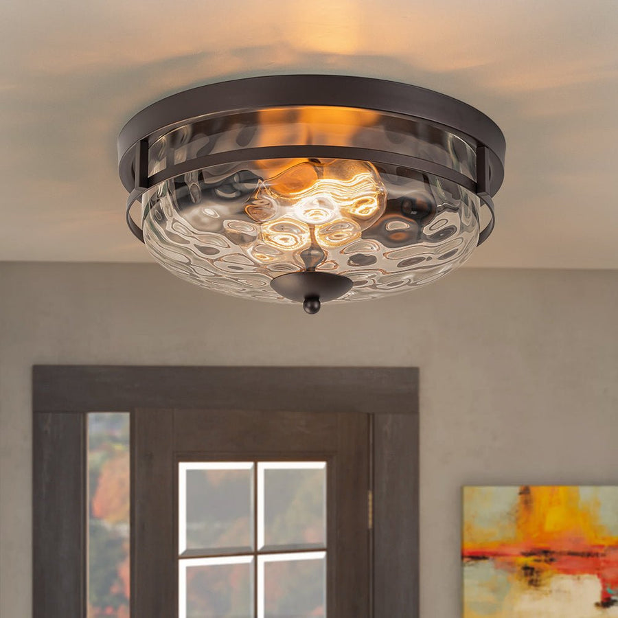 Farmhouze Light-Farmhouse Round Hammered Glass Flush Mount-Ceiling Light-Oil-Rubbed Bronze-