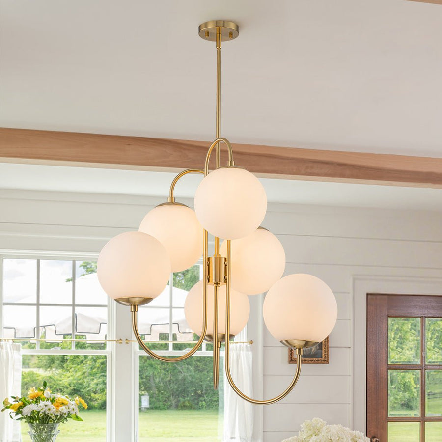Farmhouze Light - Funky Luxe Sputnik Milky White Glass Globe Chandelier - Chandelier - Brass - 