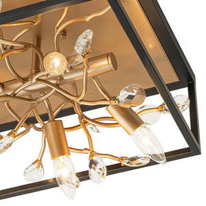 Farmhouze Light - Gold Branch Crystal Black Square Cage Ceiling Light - Ceiling Light - Black + Gold - 