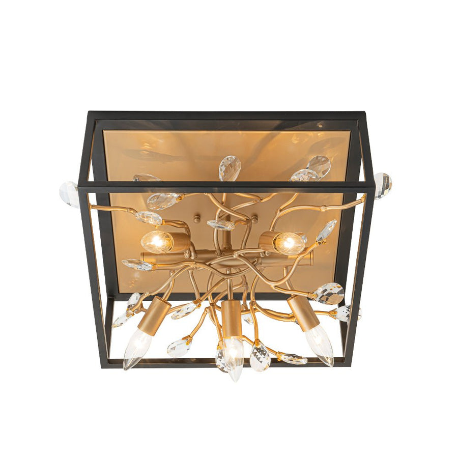 Farmhouze Light - Gold Branch Crystal Black Square Cage Ceiling Light - Ceiling Light - Black + Gold - 