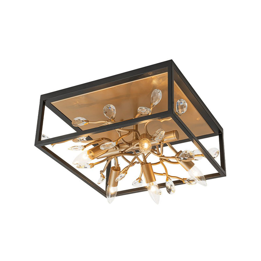 Farmhouze Light - Gold Branch Crystal Black Square Cage Ceiling Light - Ceiling Light - Black + Gold - 