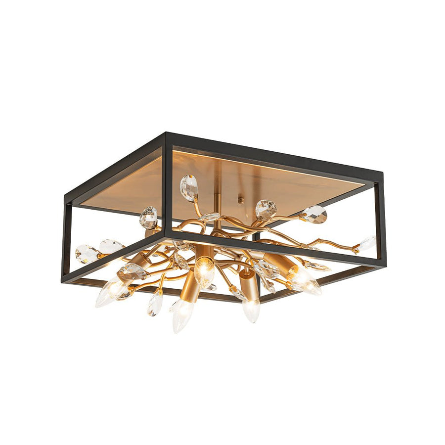 Farmhouze Light - Gold Branch Crystal Black Square Cage Ceiling Light - Ceiling Light - Black + Gold - 