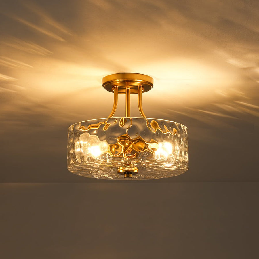 Farmhouze Light - Hammered Texture Glass Round Semi Flush Ceiling Light - Ceiling Light - Gold - 