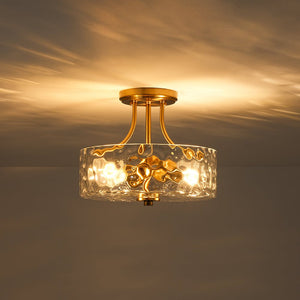 Farmhouze Light - Hammered Texture Glass Round Semi Flush Ceiling Light - Ceiling Light - Gold - 