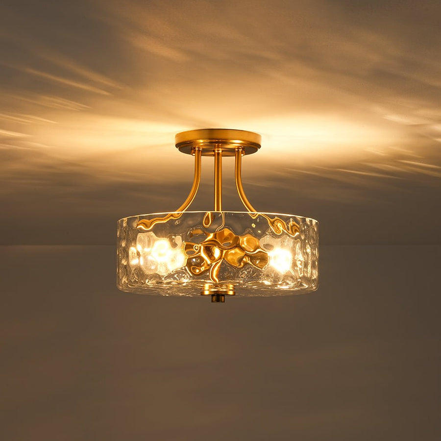 Farmhouze Light - Hammered Texture Glass Round Semi Flush Ceiling Light - Ceiling Light - Gold - 