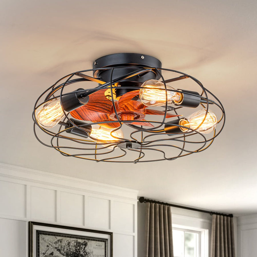 Farmhouze Light-Industrial 4-Light Iron Cage Ceiling Fan Light Fixture-Ceiling Light-Black-