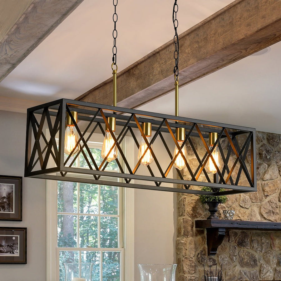 Farmhouze Light - Industrial Black Rectangle Cage Linear Island Chandelier - Chandelier - 36in - 