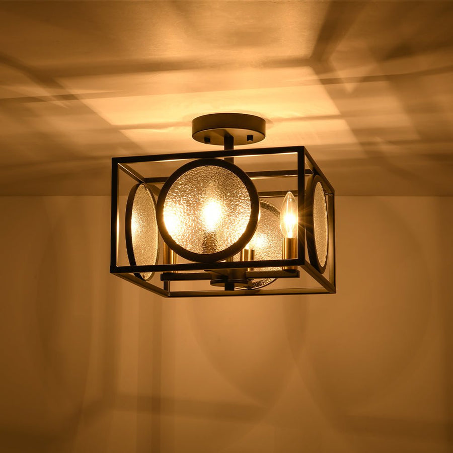 Farmhouze Light - Industrial Candle Style Black Square Cage Semi Flush Light - Ceiling Light - 11.8 in - 