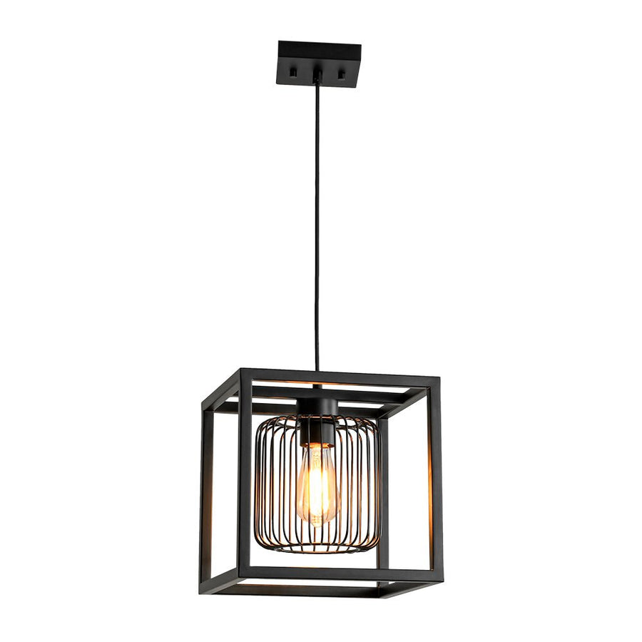 Farmhouze Light - Industrial Matte Black 1 - Light Square Metal Cage Pendant - Pendant - Black - 