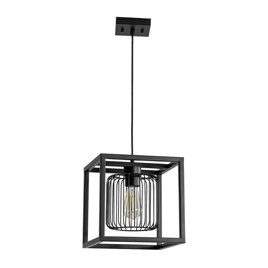 Farmhouze Light - Industrial Matte Black 1 - Light Square Metal Cage Pendant - Pendant - Black - 