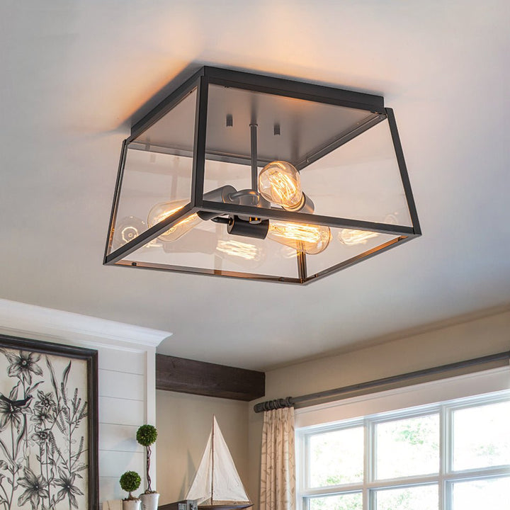 Farmhouze Light - Industrial Square Glass Lantern Flush Mount Ceiling Light - Ceiling Light - 14.6 in - 