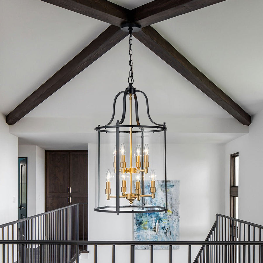Farmhouze Light - Manor Black Candle Style Cylinder Lantern Pendant Chandelier - Chandelier - Black+Brass/6 - Light - 