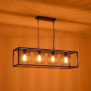 Farmhouze Light - Matte Black 4 - Light Rectangle Cage Kitchen Island Pendant - Chandelier - Black - 