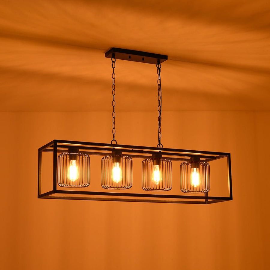 Farmhouze Light - Matte Black 4 - Light Rectangle Cage Kitchen Island Pendant - Chandelier - Black - 