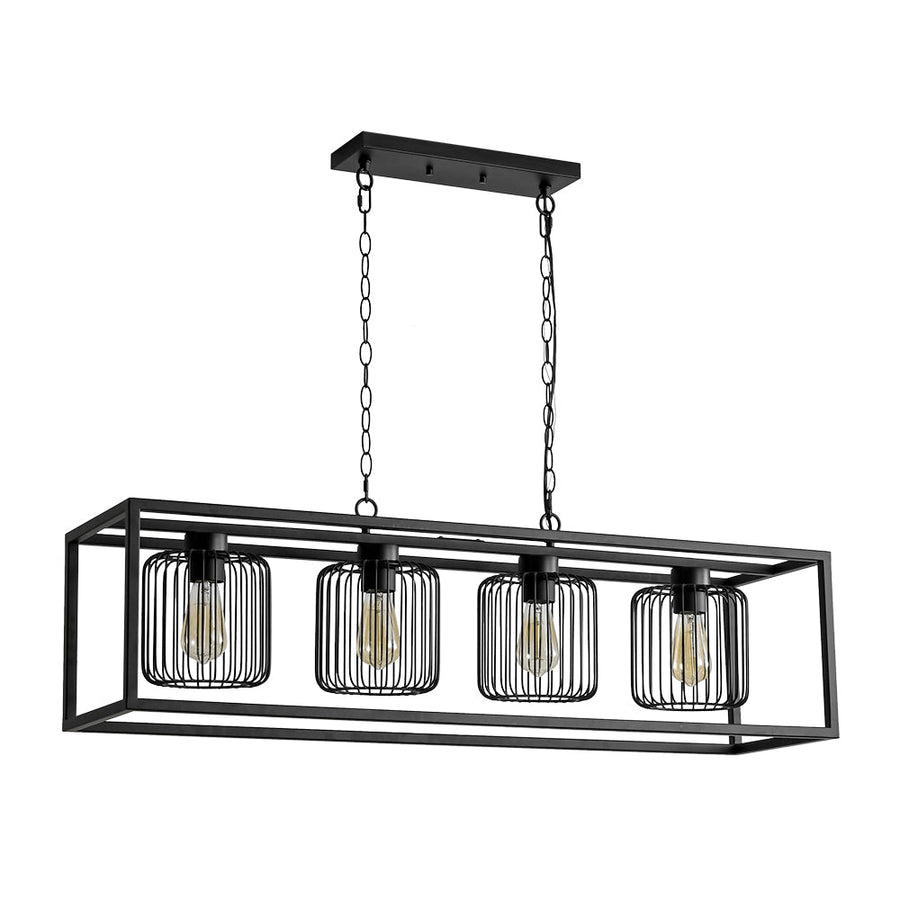 Farmhouze Light - Matte Black 4 - Light Rectangle Cage Kitchen Island Pendant - Chandelier - Black - 