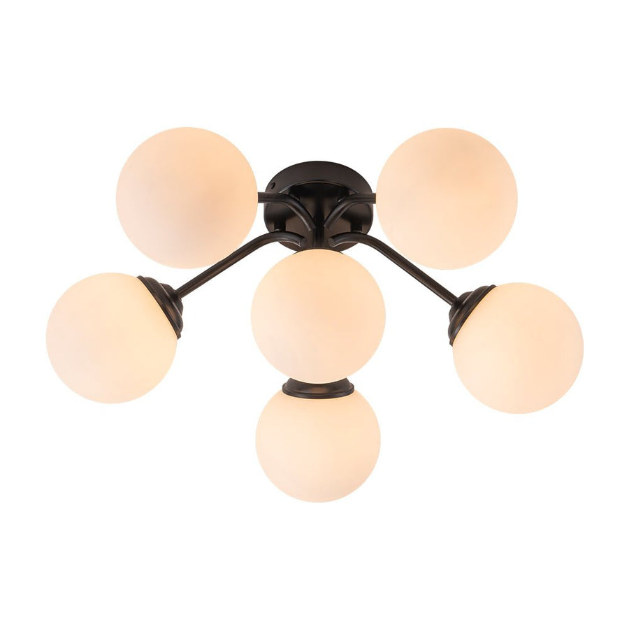 Farmhouze Light - Mid - Century 11 - Light Opal Glass Globe Sunburst Semi Flush - Chandelier - Black/6 - Light (Back Order) - 