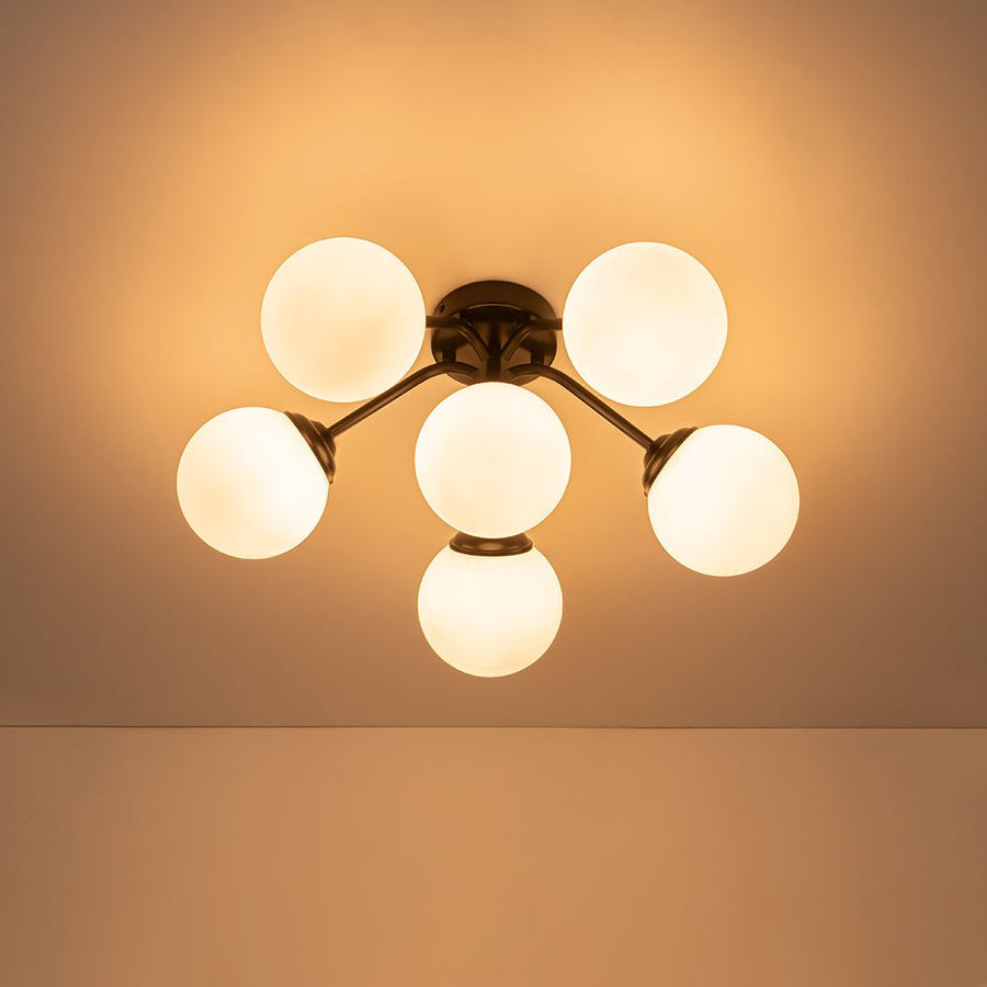 Farmhouze Light - Mid - Century 11 - Light Opal Glass Globe Sunburst Semi Flush - Chandelier - Black/6 - Light (Back Order) - 