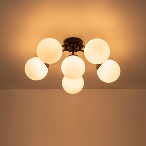 Farmhouze Light - Mid - Century 11 - Light Opal Glass Globe Sunburst Semi Flush - Chandelier - Black/6 - Light (Back Order) - 