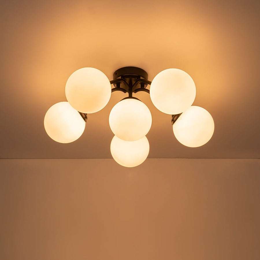 Farmhouze Light - Mid - Century 11 - Light Opal Glass Globe Sunburst Semi Flush - Chandelier - Black/6 - Light (Back Order) - 
