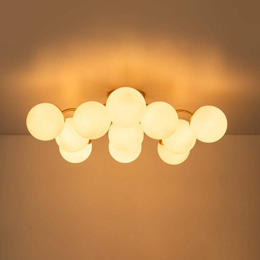 Farmhouze Light - Mid - Century 11 - Light Opal Glass Globe Sunburst Semi Flush - Chandelier - Brass - 