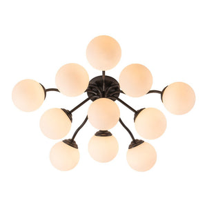 Farmhouze Light - Mid - Century 11 - Light Opal Glass Globe Sunburst Semi Flush - Chandelier - Brass/16 - Light - 