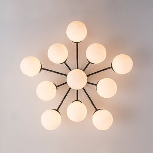 Farmhouze Light - Mid - Century 11 - Light Opal Glass Globe Sunburst Semi Flush - Chandelier - Brass/16 - Light - 