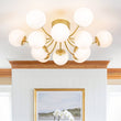 Load image into Gallery viewer, Farmhouze Light - Mid - Century 12 - Light Opal Glass Bubble Round Sputnik Semi Flush - Ceiling Light - Brass - 
