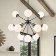 Load image into Gallery viewer, Farmhouze Light - Mid Century 12 - Light White Glass Globe Bubble Sunburst Chandelier - Chandelier - Black - 
