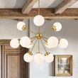 Load image into Gallery viewer, Farmhouze Light - Mid Century 12 - Light White Glass Globe Bubble Sunburst Chandelier - Chandelier - Brass - 
