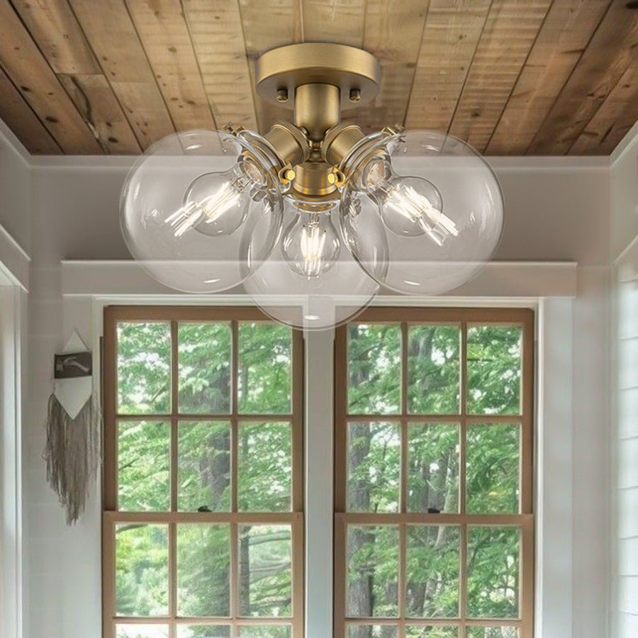 Farmhouze Light - Mid - Century 3 - Light Clear Glass Globe Bubble Ceiling Light - Ceiling Light - Brass - 