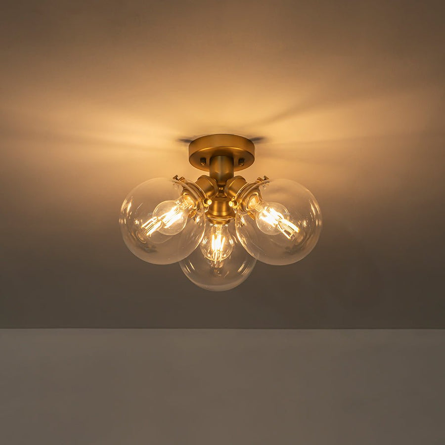 Farmhouze Light - Mid - Century 3 - Light Clear Glass Globe Bubble Ceiling Light - Ceiling Light - Brass - 