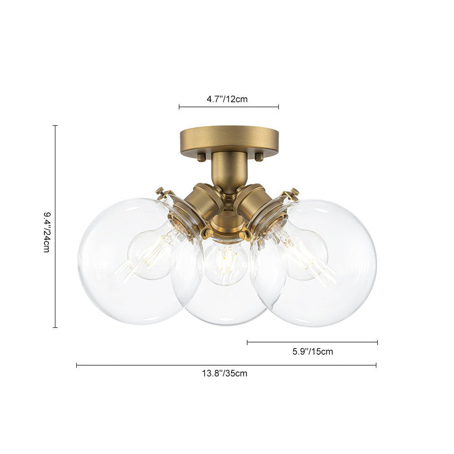 Farmhouze Light - Mid - Century 3 - Light Clear Glass Globe Bubble Ceiling Light - Ceiling Light - Brass - 